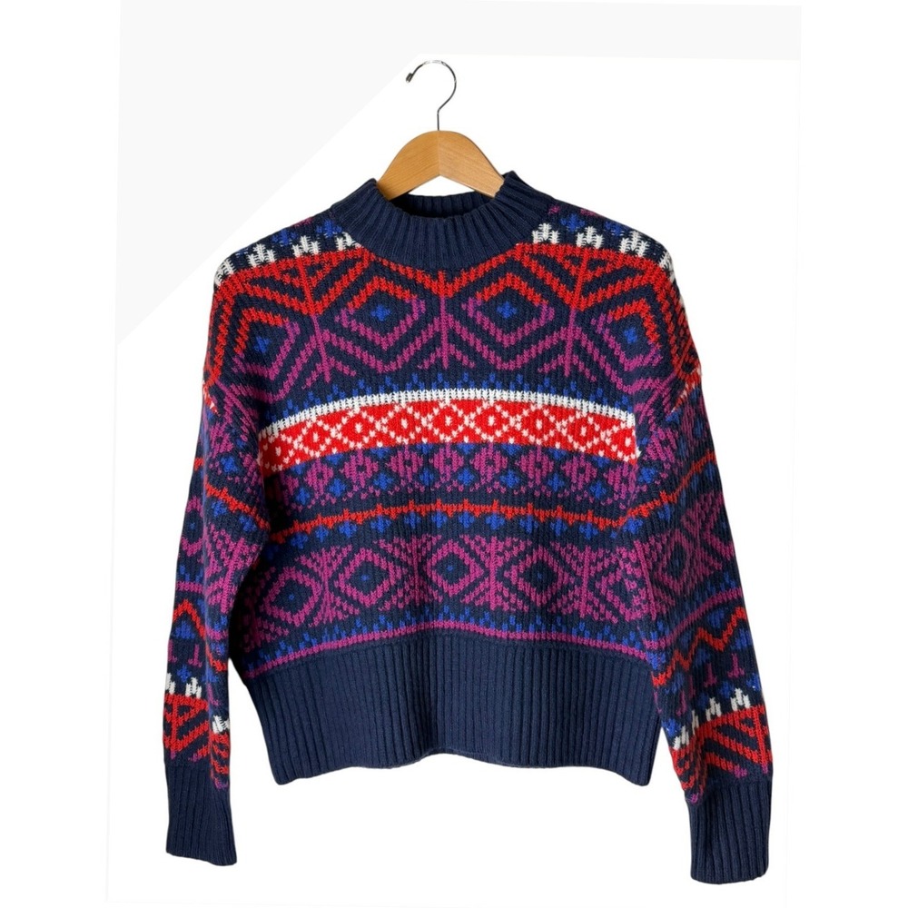 Old Navy So Soft Fair Isle Sweater Women XS Navy Blue Red Mock Neck Nordic Knit